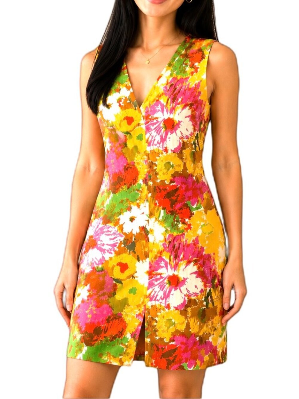 Talbots Pink Yellow Watercolor Sleeveless V-Neck Shift Lined w/ Pockets Dress